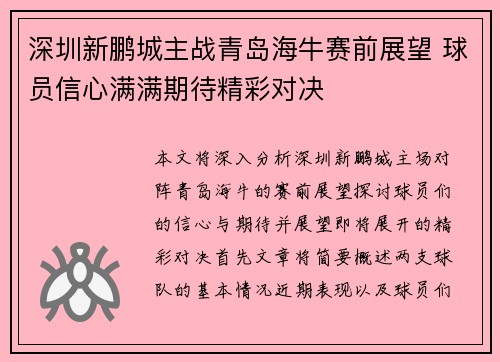 深圳新鹏城主战青岛海牛赛前展望 球员信心满满期待精彩对决