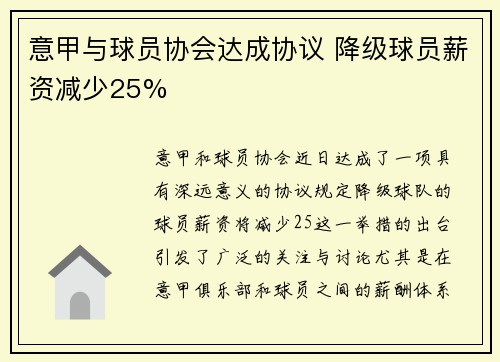 意甲与球员协会达成协议 降级球员薪资减少25%